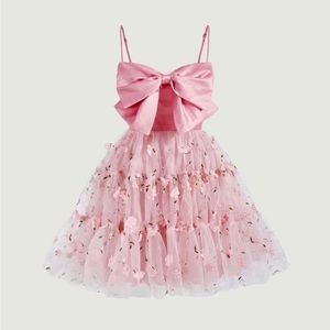 SHEIN MOD Floral Embroidery Bow Front Ruffle Hem Mesh Cami Dress